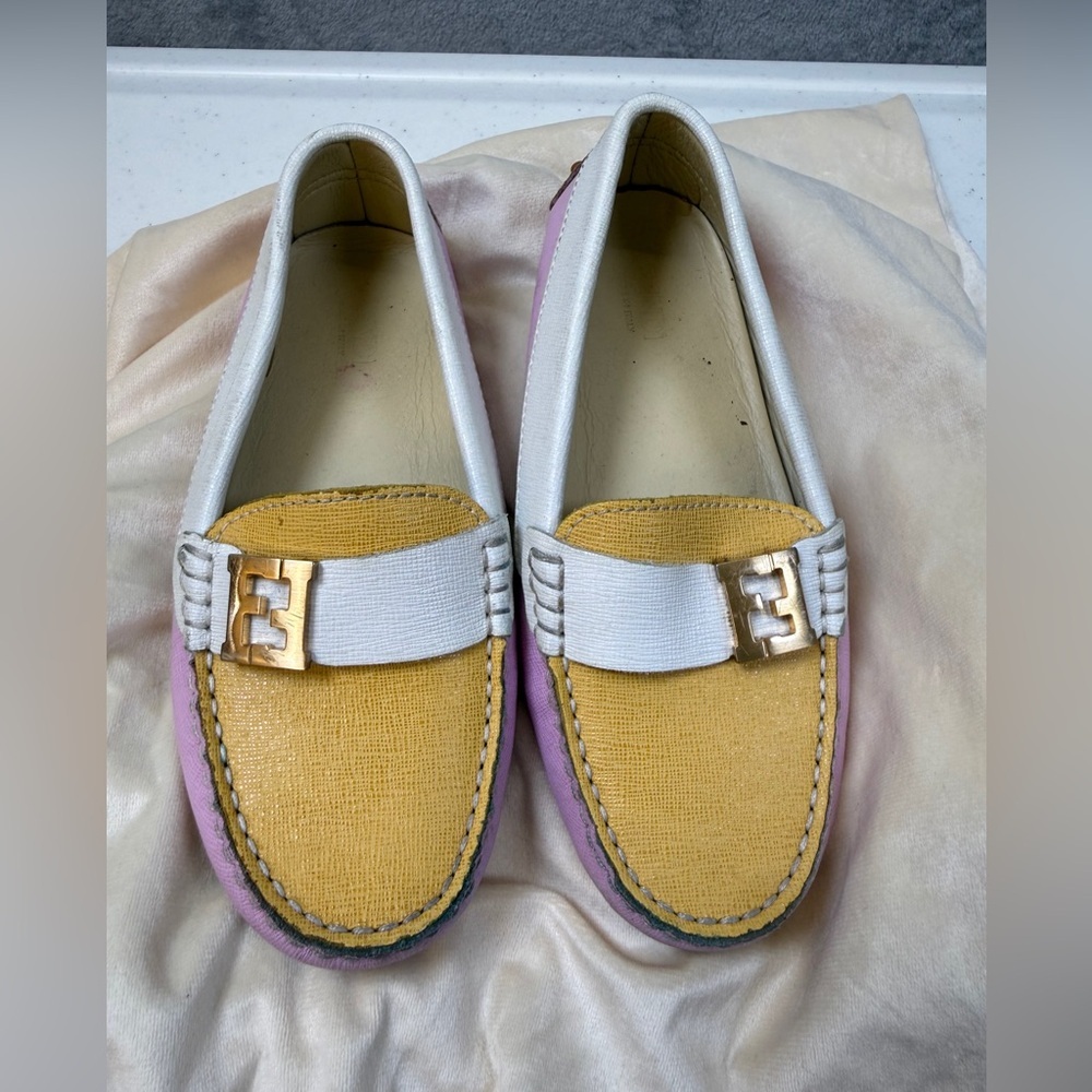 Girls Fendi Loafers Size 12.5/13 Pink Colorful Designer Yellow White